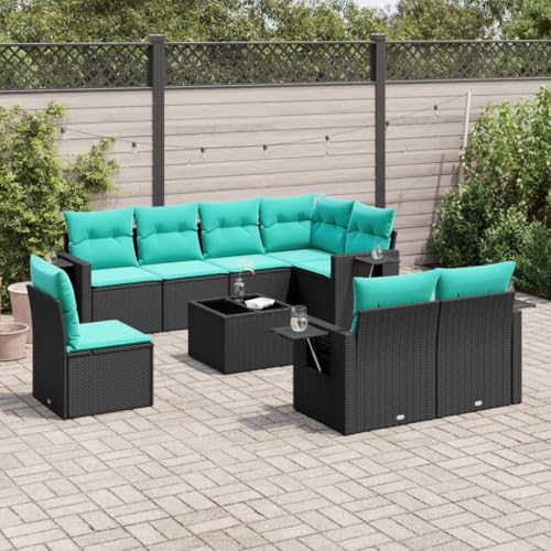 9-teiliges Gartensofa-Set, Schwarz Polyrattan, Modulares Outdoor Möbel mit Blauen Kissen, Glastisch, für Terrasse, Balkon, Hof 9-teiliges Gartensofa-Set, Schwarz Polyrattan, Modulares Outdoor Möbel mit Blauen Kissen, Glastisch, für Terrasse, Balkon, Hof von Teenpull