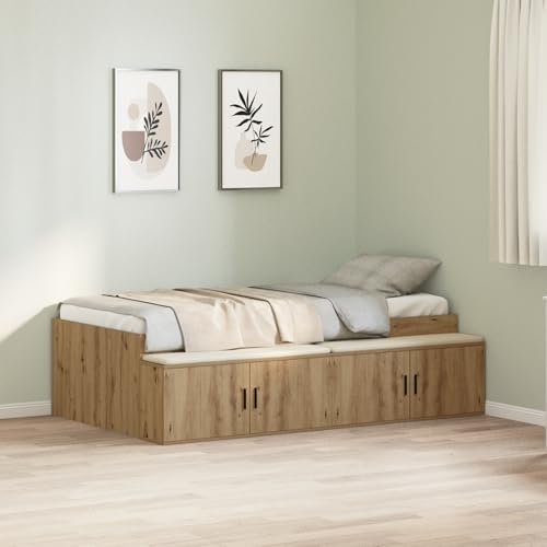 Bettgestell Artisan Eiche 100x200 cm, Modernes Holzwerkstoff Stauraumbett mit 2 Türen, für Schlafzimmer, Matratzenauflage, Robustes Design von Teenpull