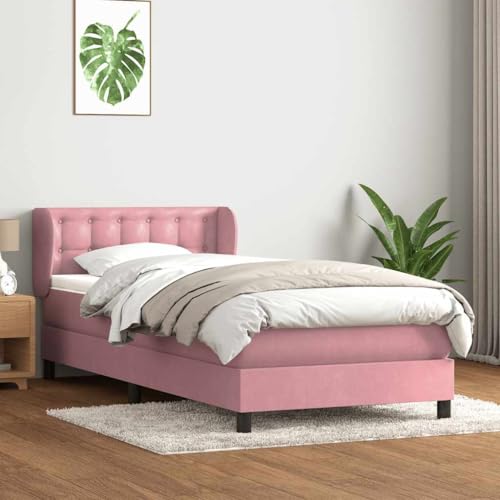 Boxspringbett 100x220 cm Rosa Samt, Komfort Matratze & Topper, Verstellbares Kopfteil, Stabiles Bettgestell mit Lattenrost für Schlafzimmer von Teenpull