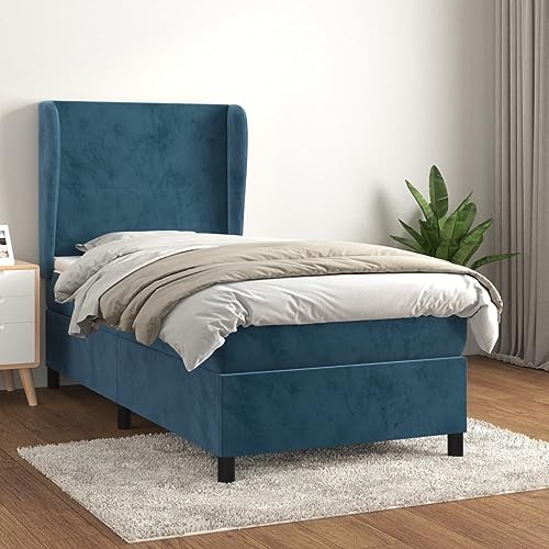 Boxspringbett Dunkelblau Samt Polsterbett 90x200 cm, Komplettes Bettset mit Federkernmatratze & Topper, Komfortables Schlafzimmermöbel mit verstellbarem Kopfteil, Stabile Basis von Teenpull