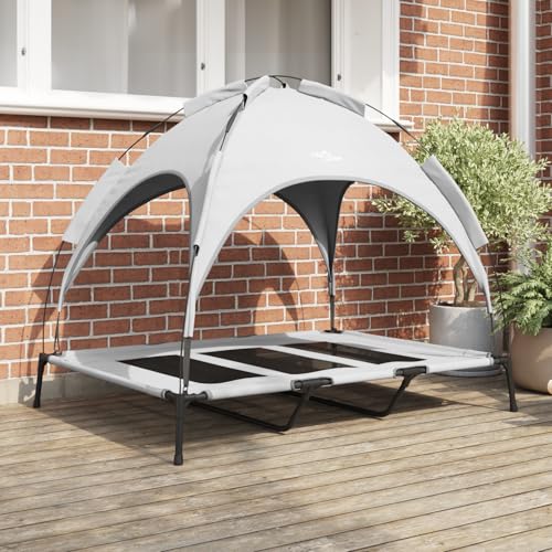 Erhöhtes Hundebett, abnehmbares Dach, Silbergrau, XL, Stahlgestell für große Hunde, wasserdicht, ideal für Garten, Terrasse von Teenpull