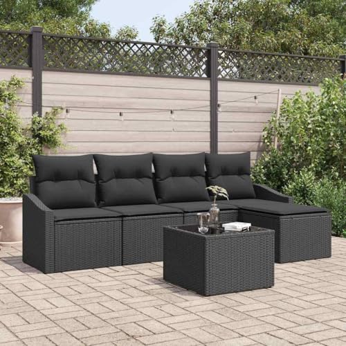 Garten Essgruppe, Modular, mit Kissen & Stauraum, 6-teilig, Schwarz, Poly-Rattan & Stahl, Outdoor Lounge Möbel Set für Terrasse & Balkon von Teenpull