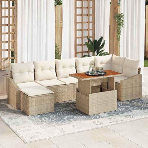 Garten Essgruppe, Poly-Rattan & Akazienholz, 8-teilig, Beige/Creme, Modulares Dining Lounge Set mit Kissen, Outdoor Patio Möbel für Terrasse & Balkon von Teenpull