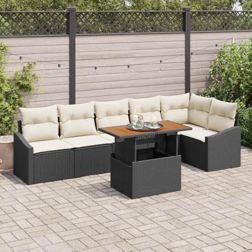 Garten Essgruppe, Schwarz-Creme, Poly-Rattan & Akazienholz, 6-Sitzer, Außenbereich, 100x55x73cm, Modernes Design mit Stauraum für Balkon, Terrasse Garten Essgruppe, Schwarz-Creme, Poly-Rattan & Akazienholz, 6-Sitzer, Außenbereich, 100x55x73cm, Modernes Design mit Stauraum für Balkon, Terrasse von Teenpull