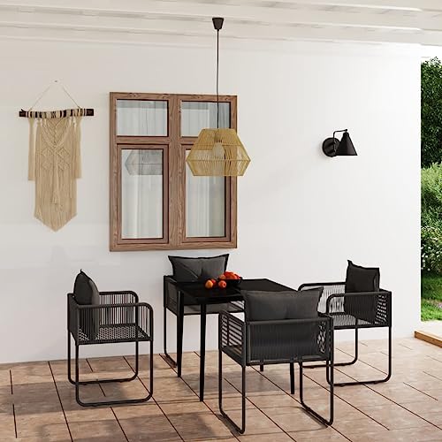 Garten-Essgruppe 5-TLG. Schwarz aus PE-Rattan & pulverbeschichtetem Stahl, Outdoor Terrassenmöbel Set mit Glastisch & bequemen Stühlen für Balkon & Garten von Teenpull