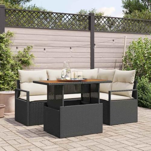 Garten Essgruppe 5-teilig aus wetterfestem Poly-Rattan & massivem Akazienholz, Schwarz-Creme, 100x55x73 cm, modernes Outdoor Patio Dining Set mit bequemen Kissen für Terrasse & Balkon von Teenpull
