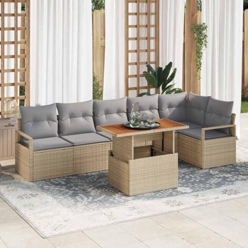 Garten Essgruppe 7-teilig aus Poly-Rattan & Akazienholz, Beige-Grau, 100x55x73cm, Modulares Lounge-Sofa-Set mit Stauraum für Terrasse & Balkon von Teenpull