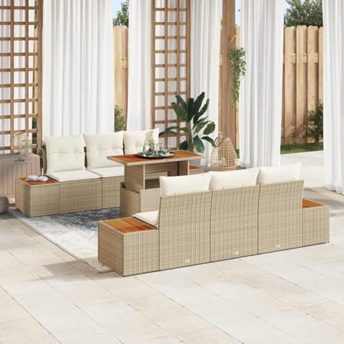 Garten Essgruppe 7-teilig aus Polyrattan und Akazienholz, Beige/Creme, Modulares Outdoor Möbelset mit Stauraumfunktion, Wetterfest für Terrasse und Balkon, 100x55x73cm Garten Essgruppe 7-teilig aus Polyrattan und Akazienholz, Beige/Creme, Modulares Outdoor Möbelset mit Stauraumfunktion, Wetterfest für Terrasse und Balkon, 100x55x73cm von Teenpull