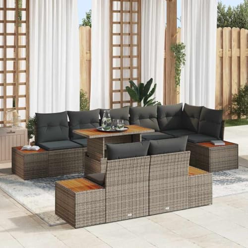 Garten Essgruppe 9-teilig, Grau Braun, Poly-Rattan Akazienholz, 100x55x73 cm, Modulares Outdoor Möbel Set mit Stauraum für Terrasse Balkon von Teenpull