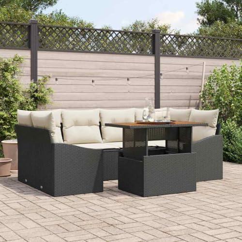 Garten Essgruppe Schwarz, Poly Rattan, Akazienholz, Ecksofa Lounge Set, 6-Sitzer, Außenbereich, Terrassenmöbel mit Kissen, modular, 100x55x73cm von Teenpull