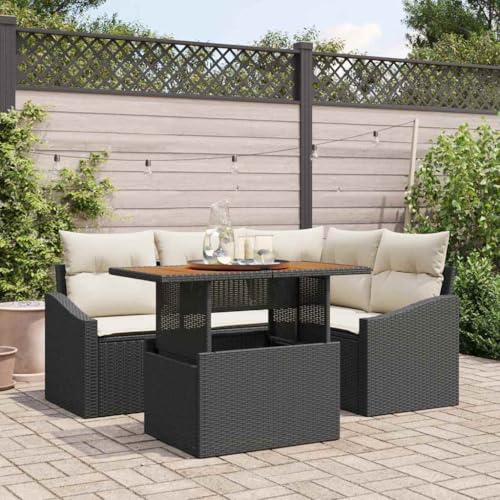 Garten Essgruppe Schwarz, Poly Rattan & Akazienholz, Modulares Outdoor Loungesofa Set mit Kissen, Eckbank, für Terrasse, Balkon, 4-Sitzer, Wetterfest & UV-Schutz von Teenpull