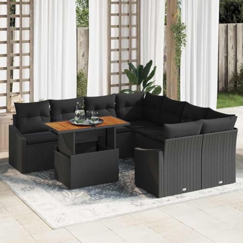 Garten Essgruppe Schwarz Poly Rattan, Akazienholz, Ecksofa-Set mit Stauraum, 8-Sitzer Outdoor Lounge Möbel für Terrasse, Balkon, Essbereich von Teenpull