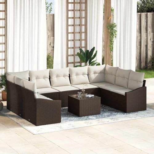 Garten Essgruppe mit Kissen, 10-teilig, Braun/Creme, aus Poly-Rattan und Stahl, für 9 Personen, modulare Outdoor-Sofa-Garnitur mit praktischem Stauraum, perfekt für Terrasse und Balkon von Teenpull