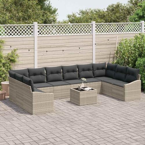 Garten Essgruppe mit Kissen, 11-teiliges Hellgrau Poly-Rattan Outdoor-Set, modular mit Stauraum für 10 Personen, stabile Stahlrahmen Terrassenmöbel von Teenpull