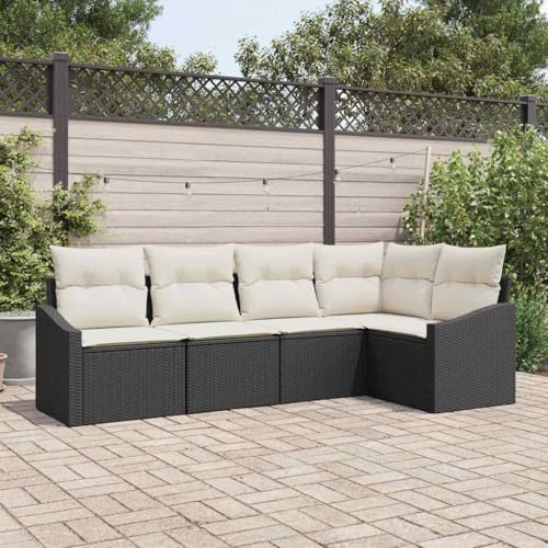 Garten Essgruppe mit Kissen, 5-teilig, Schwarz und Creme, Poly Rattan, Modulares Outdoor Patio Möbel Set für Terrasse, Balkon, Garten von Teenpull