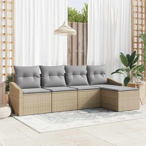 Garten Essgruppe mit Kissen, 5-teiliges Outdoor Modular Sofa Set, Beige und Hellgrau, Poly Rattan, Pulverbeschichteter Stahl, für Terrasse und Garten Garten Essgruppe mit Kissen, 5-teiliges Outdoor Modular Sofa Set, Beige und Hellgrau, Poly Rattan, Pulverbeschichteter Stahl, für Terrasse und Garten von Teenpull