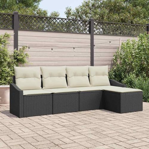 Garten Essgruppe mit Kissen, 5-teiliges Outdoor Modular Sofa Set Schwarz-Creme, Poly Rattan & Stahlrahmen für Terrasse, Balkon & Garten von Teenpull