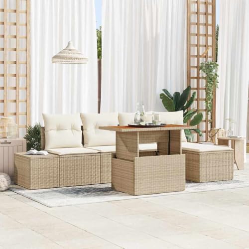 Garten Essgruppe mit Kissen, 6-teilig, Beige und Creme, Poly Rattan Stahl Akazienholz, Modulares Outdoor Patio Möbelset mit Stauraum, für Balkon und Terrasse von Teenpull