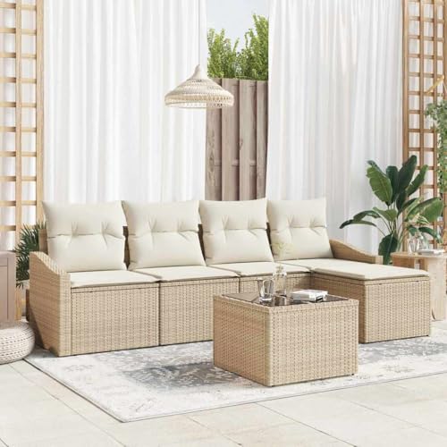 Garten Essgruppe mit Kissen, 6-teilig, Beige und Creme, Poly-Rattan & Stahlrahmen, Modular, Stauraum für Outdoor-Möbel auf Terrasse und Balkon von Teenpull