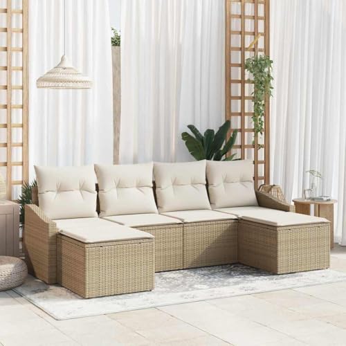 Garten Essgruppe mit Kissen, 6-teilig, Beige und Creme, aus Poly Rattan, Modulares Outdoor Sofa Set mit Stauraum für Terrasse und Garten von Teenpull