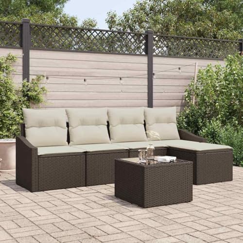 Garten Essgruppe mit Kissen, 6-teilig, Braun/Creme, Poly Rattan & Stahlrahmen, Modular, Outdoor-Sofa mit Stauraum für Terrasse und Garten von Teenpull