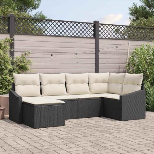 Garten Essgruppe mit Kissen, 6-teilig, Schwarz-Creme, UV-beständiges Poly Rattan, modulares Outdoor Loungesofa Set für Terrasse und Balkon von Teenpull