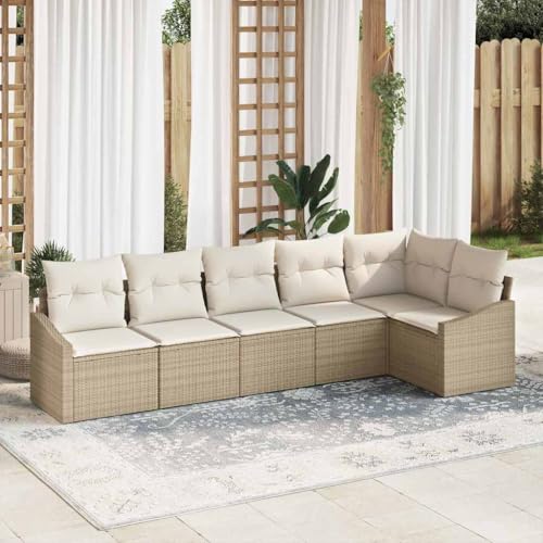 Garten Essgruppe mit Kissen, 6-teilig, aus beigem Poly-Rattan & pulverbeschichtetem Stahl, mit Stauraum für Terrasse & Outdoor-Bereich, robust & wetterfest von Teenpull