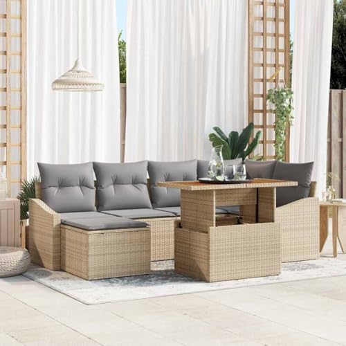 Garten Essgruppe mit Kissen, 7-teilig, Beige und Grau, Polyrattan Akazienholz, Modulares Outdoor Terrassen Set mit Stauraum von Teenpull