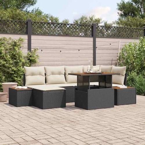 Garten Essgruppe mit Kissen, 7-teilig, Schwarz-Beige, Poly-Rattan & Akazienholz, Modulares Outdoor-Set für Terrasse & Balkon, UV-beständig, Hoher Komfort von Teenpull