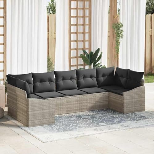 Garten Essgruppe mit Kissen, 7-teiliges Loungeset Hellgrau aus Poly Rattan, modulare Outdoor Sitzgruppe mit Stauraum für Terrasse & Balkon von Teenpull
