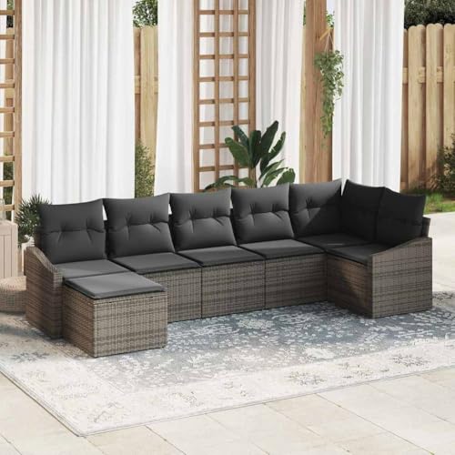 Garten Essgruppe mit Kissen, 7-teiliges Poly-Rattan Sofa Set, modular, grau, mit praktischem Stauraum für Balkon und Terrasse von Teenpull