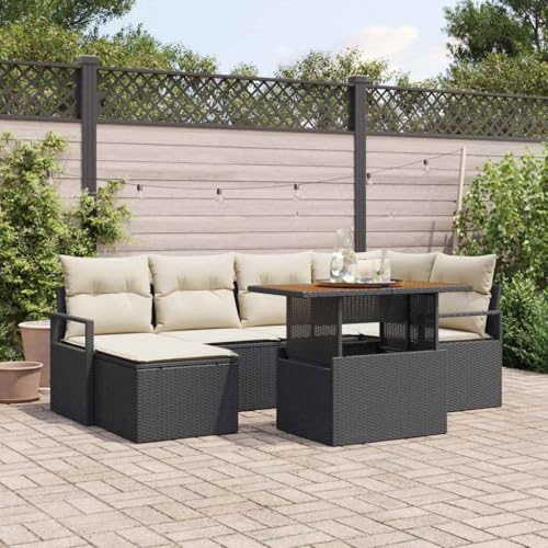 Garten Essgruppe mit Kissen, 7-teiliges Poly-Rattan Sofa Set Schwarz, Akazienholz Tisch für Terrasse & Balkon, UV-beständig, wetterfest von Teenpull