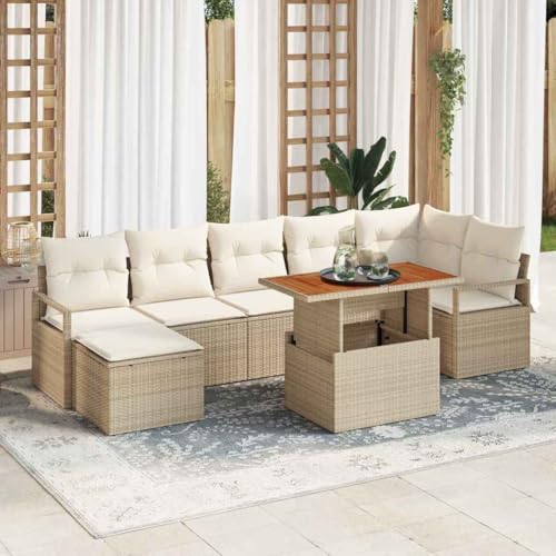 Garten Essgruppe mit Kissen, 8-teilig, Beige & Creme, Poly-Rattan & Akazienholz, Modulares Outdoor Möbel Set für Terrasse, Balkon & Hinterhof von Teenpull