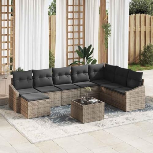 Garten Essgruppe mit Kissen, 9-teilig, Hellgrau Poly-Rattan & Stahlrahmen, Modulares Outdoor Terrassen Set mit Stauraum für 8 Personen, Langlebig für Außenbereiche von Teenpull