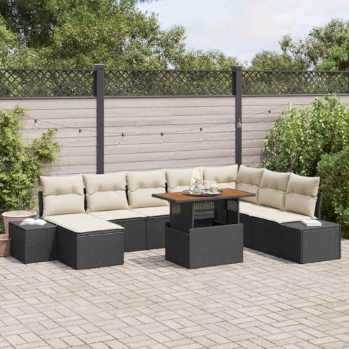 Garten Essgruppe mit Kissen, 9-teilig, Schwarz & Creme, Poly-Rattan & Akazienholz, Ecksofa & Stauraum, für Terrasse & Outdoor-Dining von Teenpull