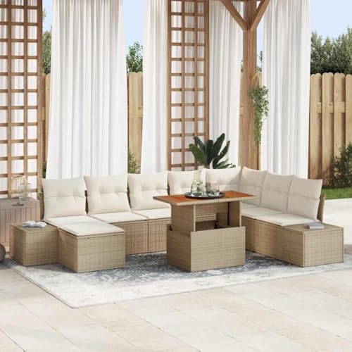 Garten Essgruppe mit Kissen, 9-teiliges Poly-Rattan Outdoor Sofa Set, Beige und Creme, modular mit Stauraumfunktion, für Terrasse und Balkon von Teenpull