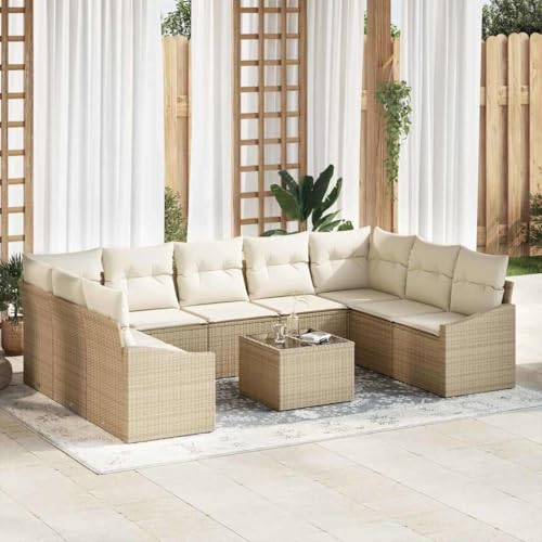Garten Essgruppe mit Kissen, Beige und Creme, Poly-Rattan & Stahl, 10-teiliges Modul-Sofa-Set mit Stauraum für Terrasse, UV-beständig, 9 Sitzplätze von Teenpull