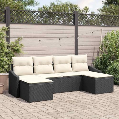 Garten Essgruppe mit Kissen, Poly Rattan, 6-teiliges Modulares Outdoor Sitzset, Schwarz & Creme, Ecksofa für Terrasse & Balkon von Teenpull