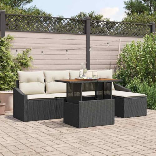 Garten Essgruppe mit Kissen, Schwarz und Creme, Poly-Rattan Akazienholz, Modulares Outdoor Terrassen Set, 5-Sitzer, Verstellbar von Teenpull