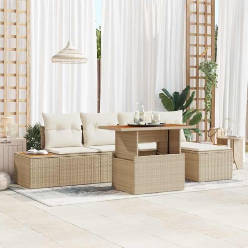 Garten Essgruppe mit Kissen, modernes Polyrattan-Sofa-Set, 6-teilig, Beige und Creme, für Terrasse und Outdoor-Dining von Teenpull