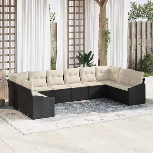 Garten Essgruppe mit Kissen 10-teilig, Schwarz und Creme, UV-beständiges Poly-Rattan für Terrasse, modular, mit Stauraum, für 9 Personen von Teenpull