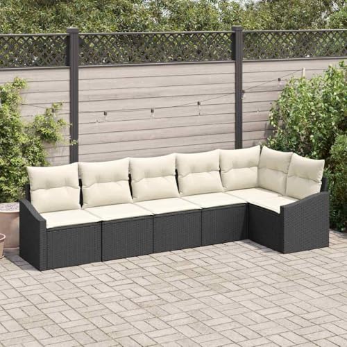 Garten Essgruppe mit Kissen 6-teilig Schwarz Creme, rechteckiges Outdoor Sofa Set aus Poly Rattan, pulverbeschichtetem Stahl, modulare Sitzplätze für Garten, Terrasse, Balkon von Teenpull