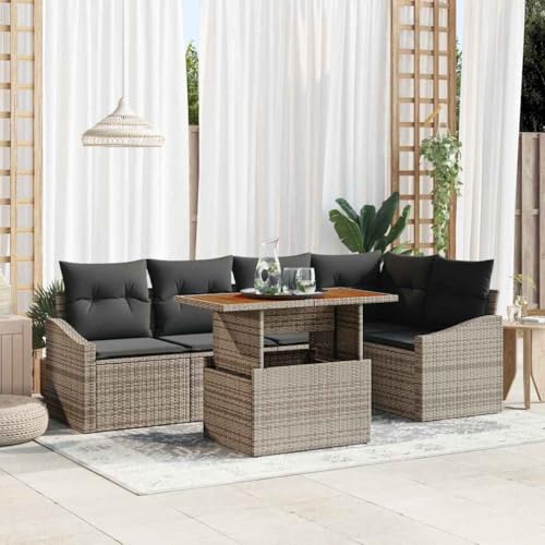 Garten Essgruppe mit Kissen Grau und Braun, Poly-Rattan & Akazienholz, 100 x 55 x 73 cm, Modulares Outdoor-Sofa-Set für Terrasse und Garten von Teenpull