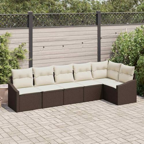 Garten Essgruppe mit Kissen und Stauraum, 6-teiliges Loungemöbel-Set aus braunem Poly-Rattan für Terrasse & Outdoor, modernes Ecksofa mit wetterfestem Stahlrahmen von Teenpull