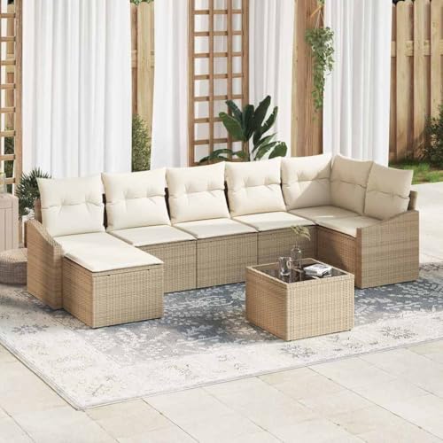 Garten Essgruppe mit Kissen und Stauraum, 8-teilig, Beige/Creme, UV-beständiges Poly-Rattan, Modulares Outdoor-Sofa-Set für Terrasse von Teenpull
