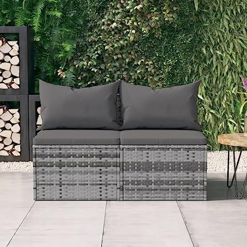 Garten-Mittelsofas 2er-Set, Grau Poly Rattan, 54x63x60,5cm, witterungsbeständig für Terrasse & Balkon, inklusive bequemer anthrazitfarbener Kissen von Teenpull