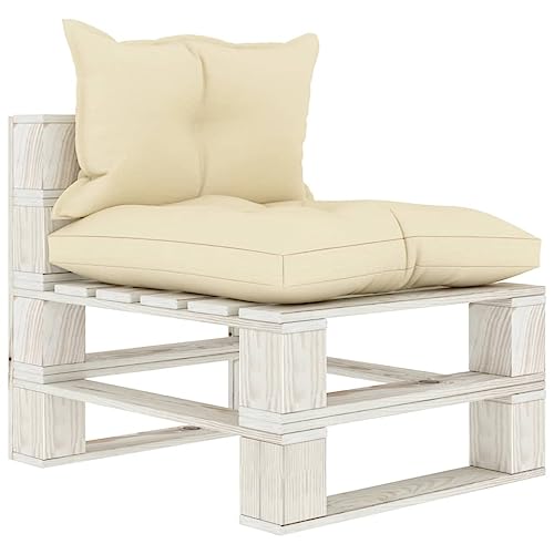 Garten Paletten Mittelsofa aus massivem Kiefernholz mit weichen Cremefarbenen Kissen, modulares Outdoor Loungesofa für Terrasse, Balkon und Garten Garten Paletten Mittelsofa aus massivem Kiefernholz mit weichen Cremefarbenen Kissen, modulares Outdoor Loungesofa für Terrasse, Balkon und Garten von Teenpull