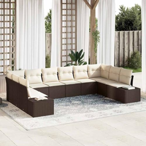Garten-Sofa-Set, 10-teilig, Braun & Creme, 344x209x85cm, Outdoor-Loungemöbel aus Poly-Rattan für Terrasse & Balkon von Teenpull