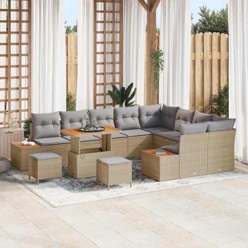 Garten-Sofa-Set, 12-teilig, Beige Poly Rattan, modulares Design, wetterfest, für Terrasse & Außenbereich, mit Kissen & Stauraum von Teenpull