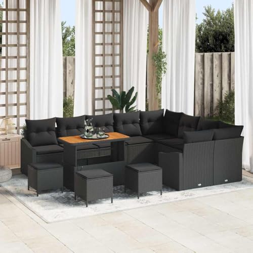 Garten-Sofa-Set, 13-teilig, Schwarz, Poly-Rattan & Akazienholz, Modulares Outdoor-Möbel für Terrasse & Balkon von Teenpull
